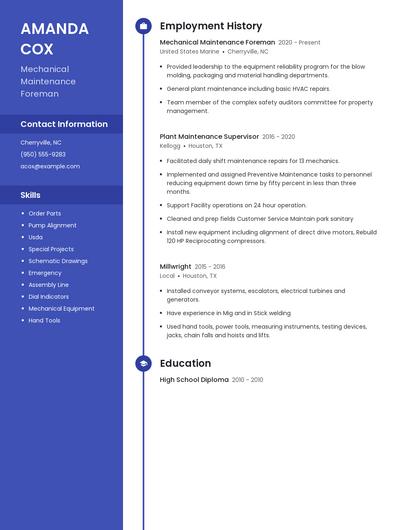 Mechanical Maintenance Foreman Resume
