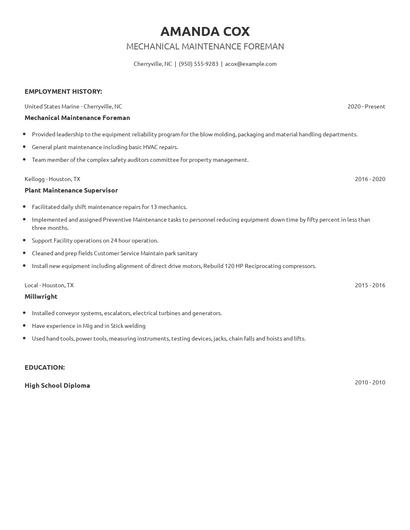 Mechanical Maintenance Foreman Resume