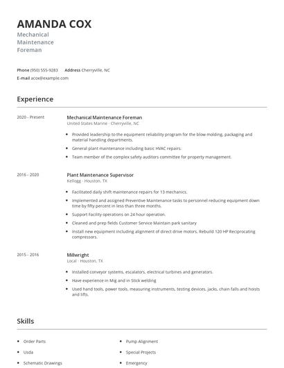 Mechanical Maintenance Foreman Resume