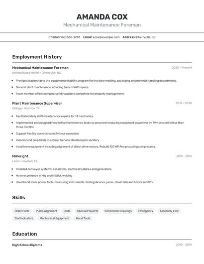 Mechanical Maintenance Foreman Resume