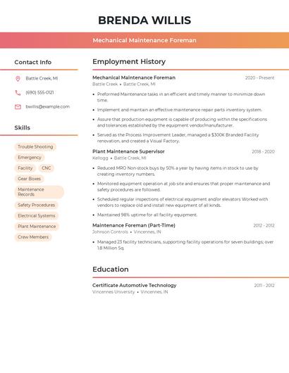 Mechanical Maintenance Foreman Resume