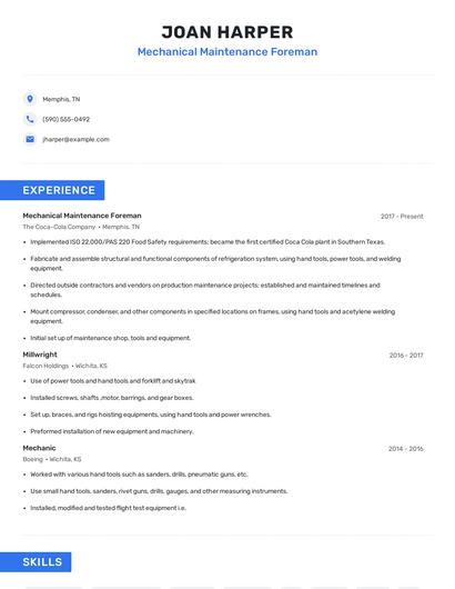 Mechanical Maintenance Foreman Resume