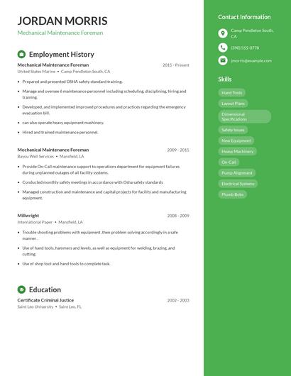 Mechanical Maintenance Foreman Resume