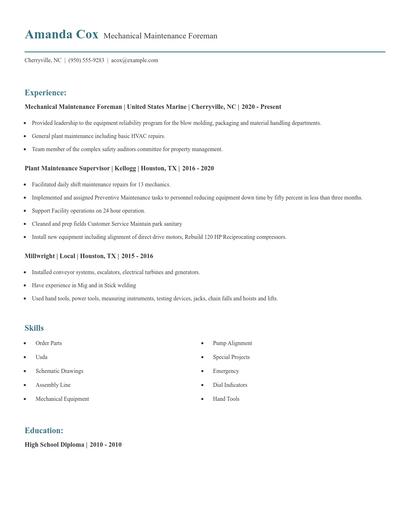 Mechanical Maintenance Foreman Resume