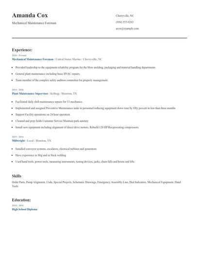 Mechanical Maintenance Foreman Resume
