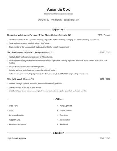 Mechanical Maintenance Foreman Resume
