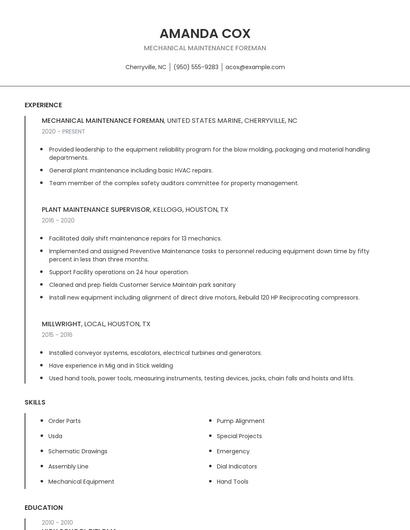 Mechanical Maintenance Foreman Resume