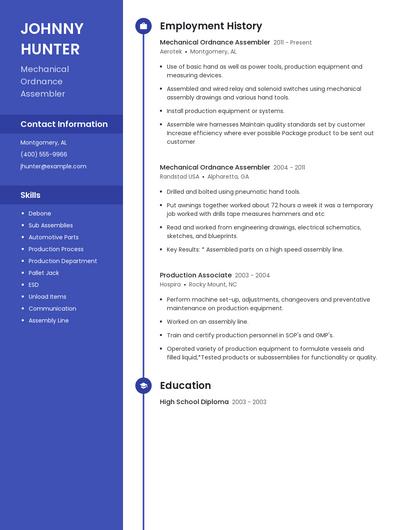 Mechanical Ordnance Assembler Resume