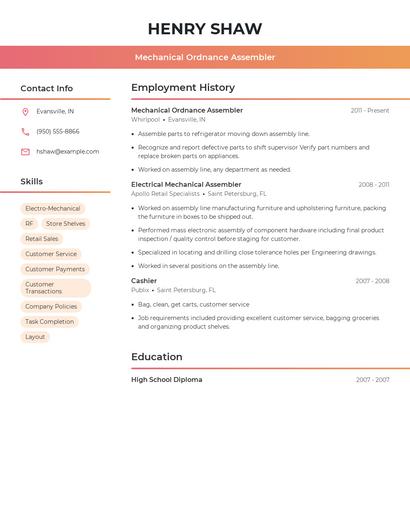 Mechanical Ordnance Assembler Resume