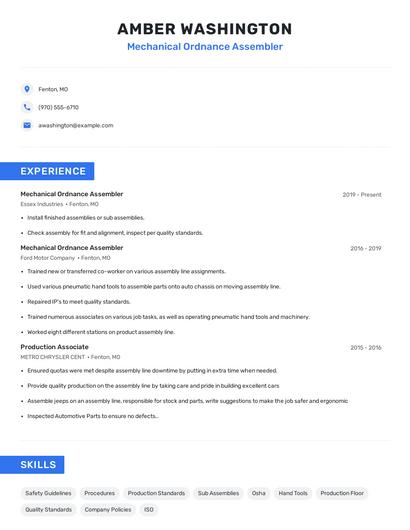 Mechanical Ordnance Assembler Resume