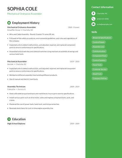 Mechanical Ordnance Assembler Resume