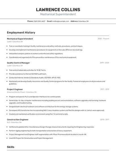 Mechanical Superintendent Resume