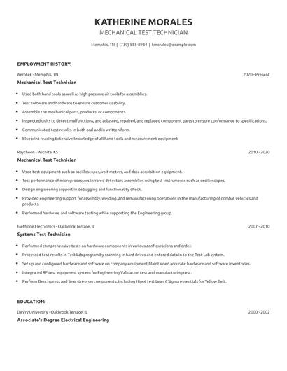 Mechanical Test Technician Resume