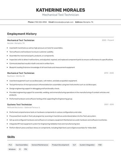 Mechanical Test Technician Resume