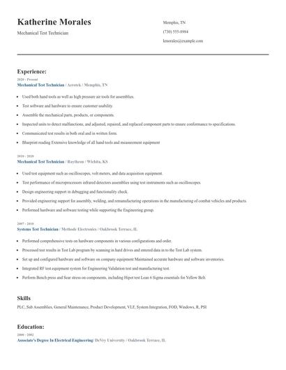 Mechanical Test Technician Resume