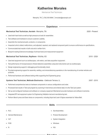 Mechanical Test Technician Resume