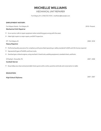 Mechanical Unit Repairer Resume