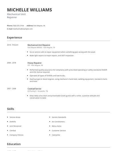 Mechanical Unit Repairer Resume