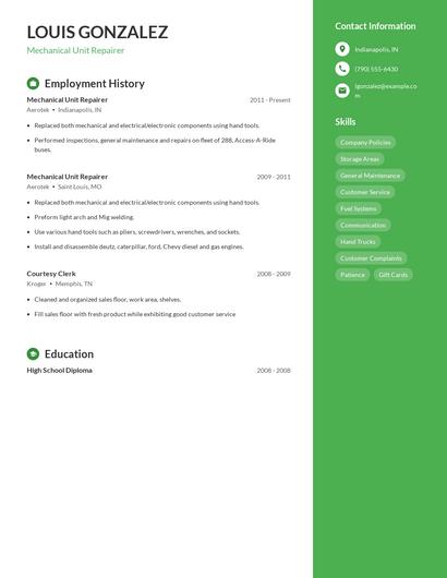 Mechanical Unit Repairer Resume