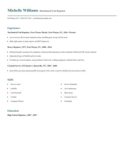 Mechanical Unit Repairer Resume
