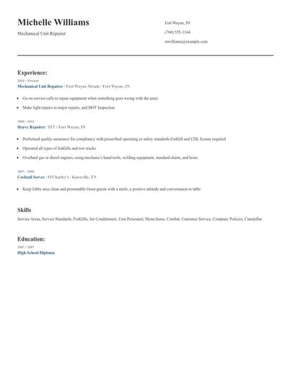 Mechanical Unit Repairer Resume