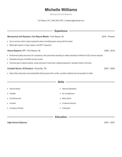 Mechanical Unit Repairer Resume