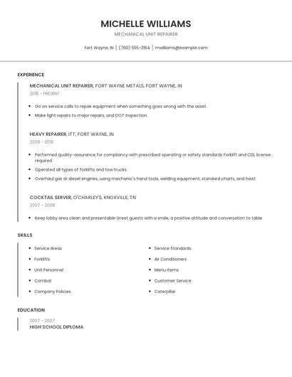 Mechanical Unit Repairer Resume