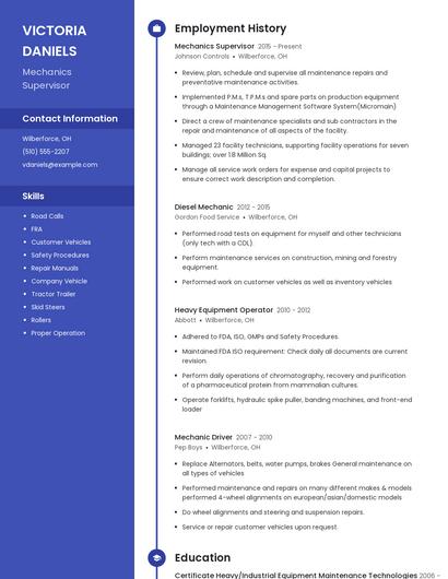 Mechanics Supervisor Resume