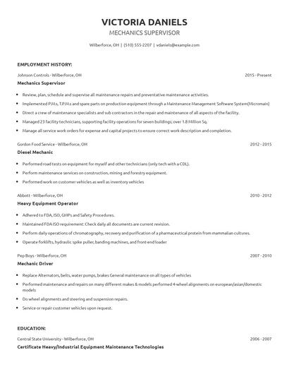 Mechanics Supervisor Resume
