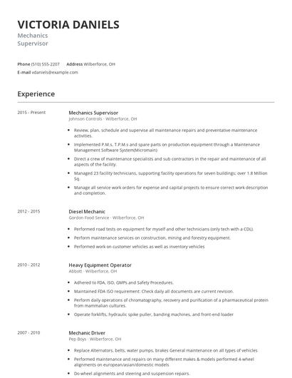 Mechanics Supervisor Resume
