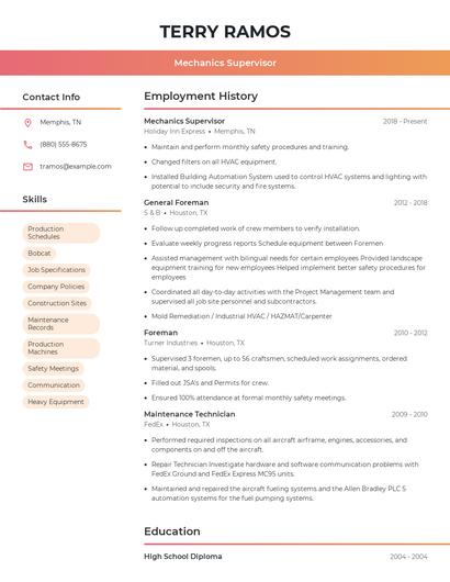 Mechanics Supervisor Resume