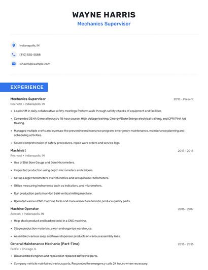 Mechanics Supervisor Resume