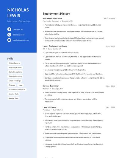 Mechanics Supervisor Resume