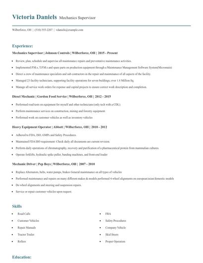 Mechanics Supervisor Resume