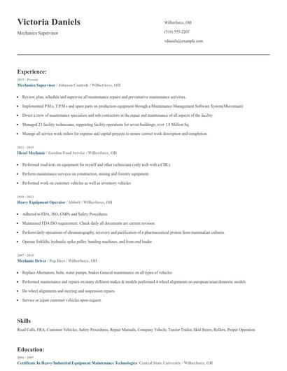 Mechanics Supervisor Resume