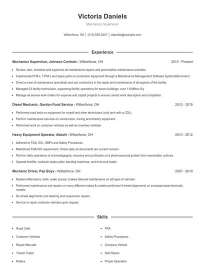 Mechanics Supervisor Resume