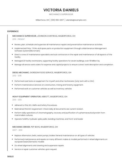 Mechanics Supervisor Resume