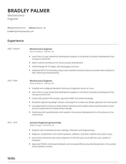 Mechatronics Engineer Resume