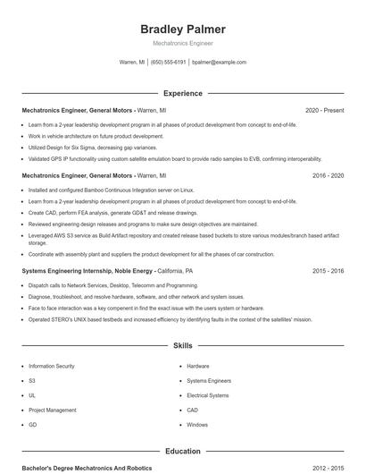Mechatronics Engineer Resume
