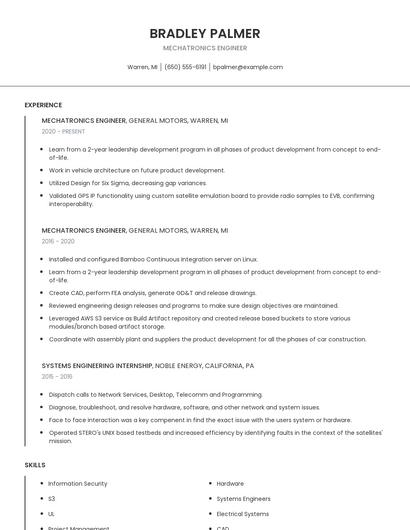 Mechatronics Engineer Resume