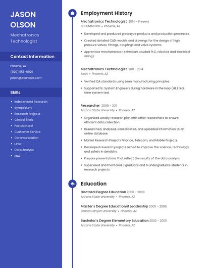 Mechatronics Technologist Resume
