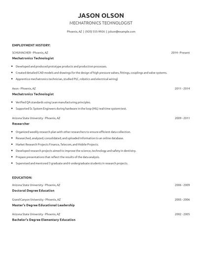 Mechatronics Technologist Resume