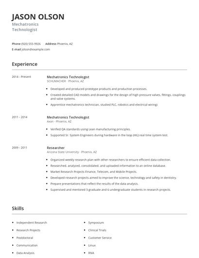 Mechatronics Technologist Resume