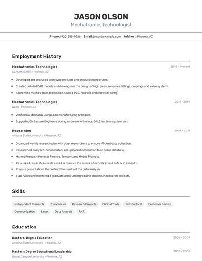 Mechatronics Technologist Resume