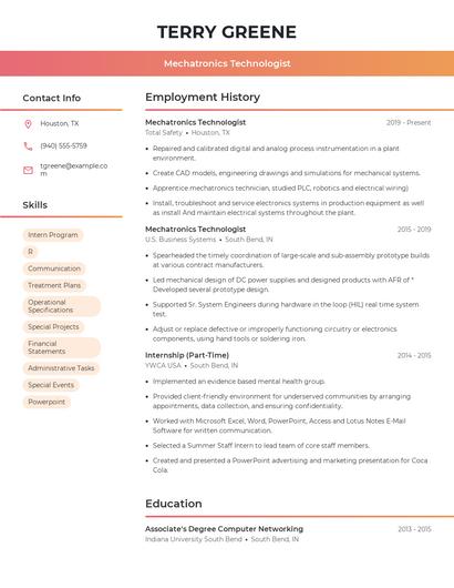 Mechatronics Technologist Resume