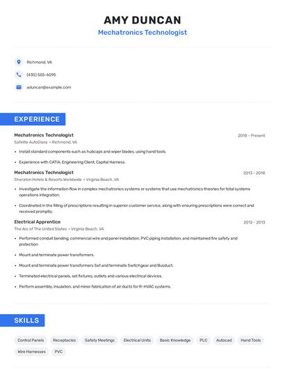 Mechatronics Technologist Resume