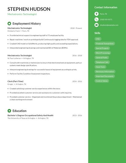 Mechatronics Technologist Resume