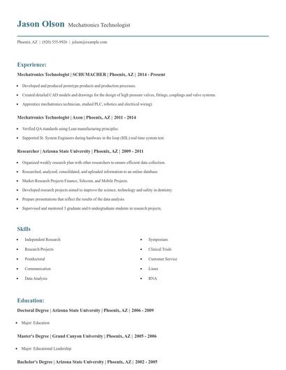 Mechatronics Technologist Resume