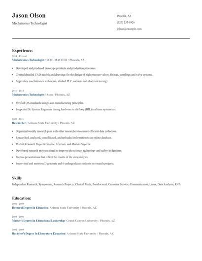 Mechatronics Technologist Resume