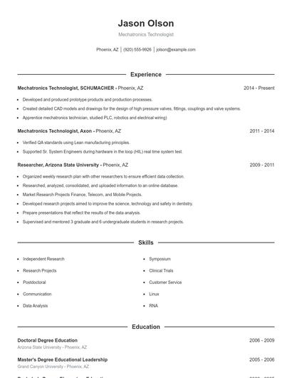 Mechatronics Technologist Resume